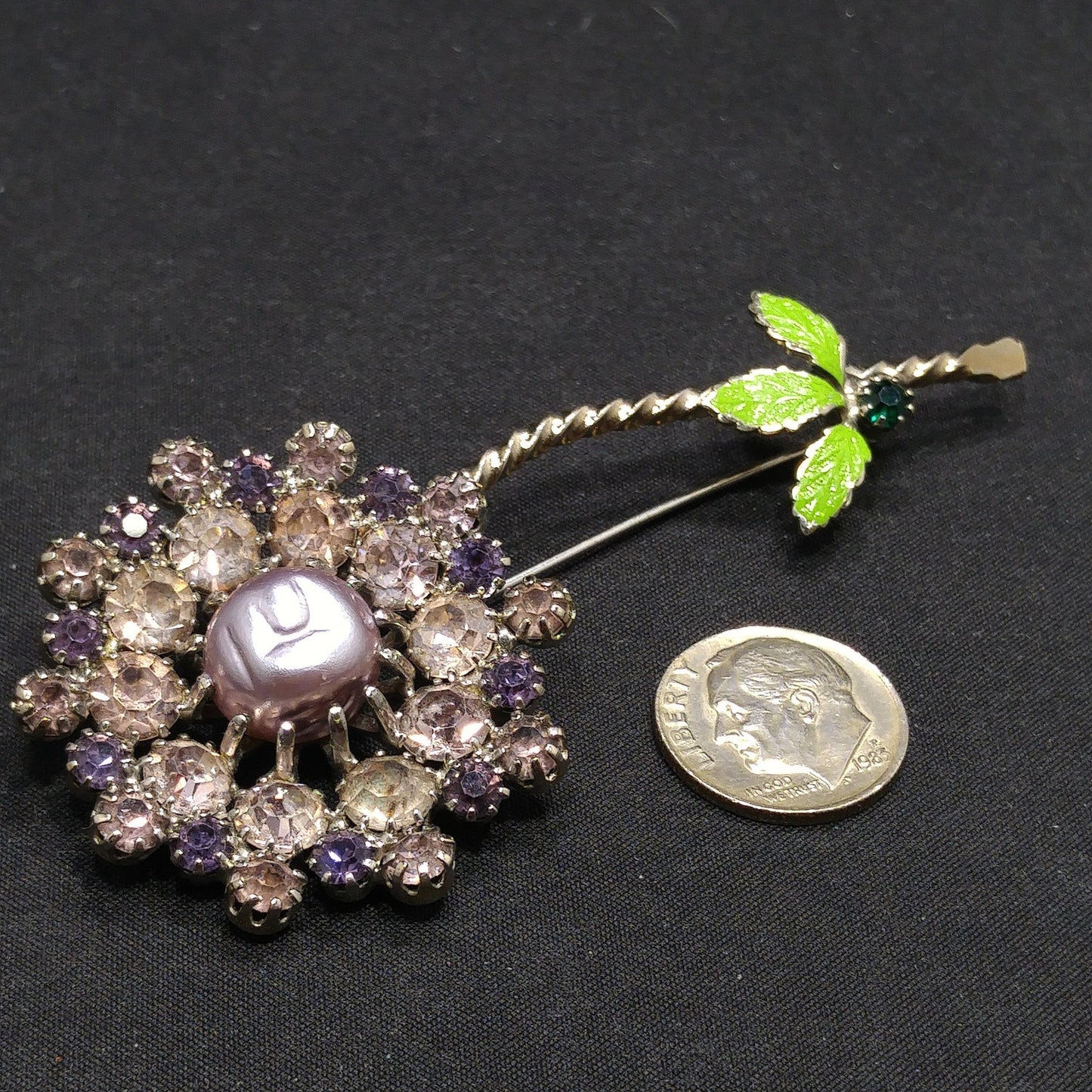 Lilac Purple Rhinestone Flower, Faux Baroque Pearl, Green Enamel Pin, 1950 Vintage Jewelry
