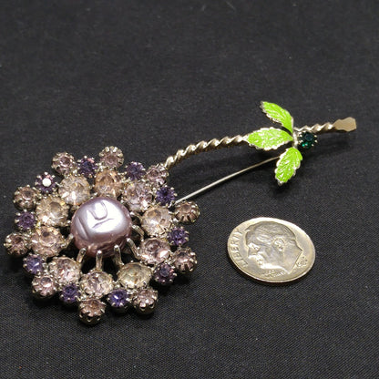 Lilac Purple Rhinestone Flower, Faux Baroque Pearl, Green Enamel Pin, 1950 Vintage Jewelry
