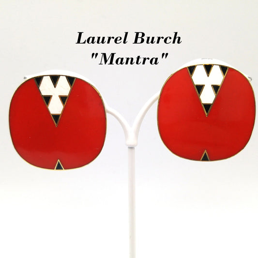 Laurel Burch "Mantra" Large Clip Earrings, Red White Black Enamel, Gold Plated, 1980s Vintage Jewelry