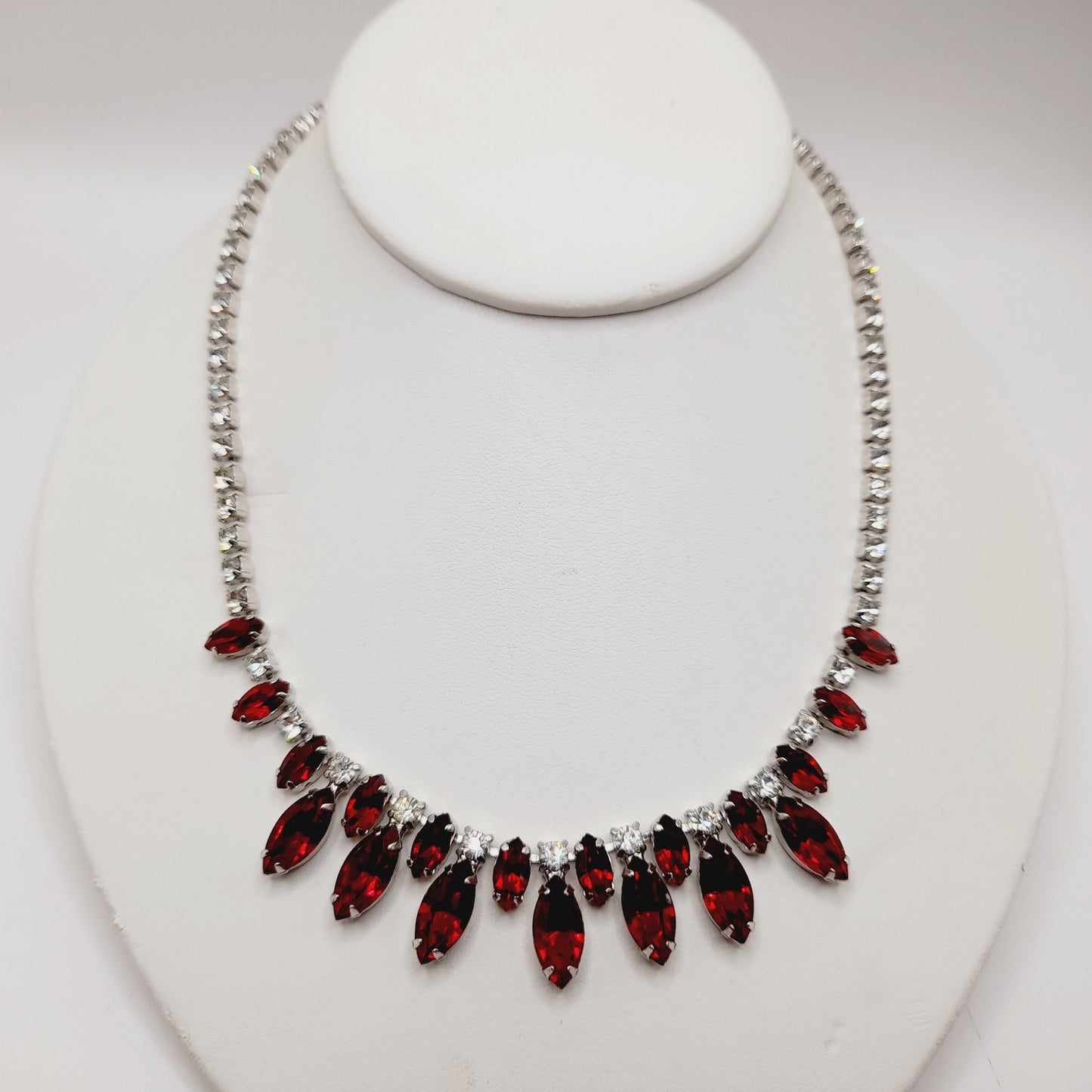 B. David Vintage Red Rhinestone Choker Necklace, Rhodium Plated, 1950s
