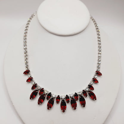 B. David Vintage Red Rhinestone Choker Necklace, Rhodium Plated, 1950s