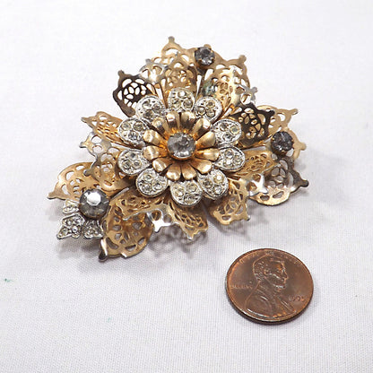 BARCLAY Fur Clip & Brooch, Gold Plated Filigree, Rhinestones, 1940s Vintage Jewelry