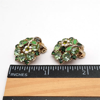 Vintage Weiss Green Rhinestones Floral Clip Earrings, 1960s