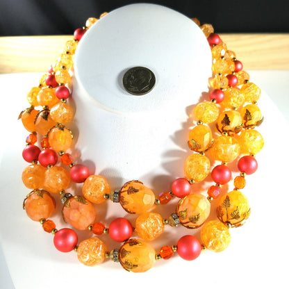 Deauville Lucite Beaded Necklace, 1950s Orange Red 3 Strand Vintage