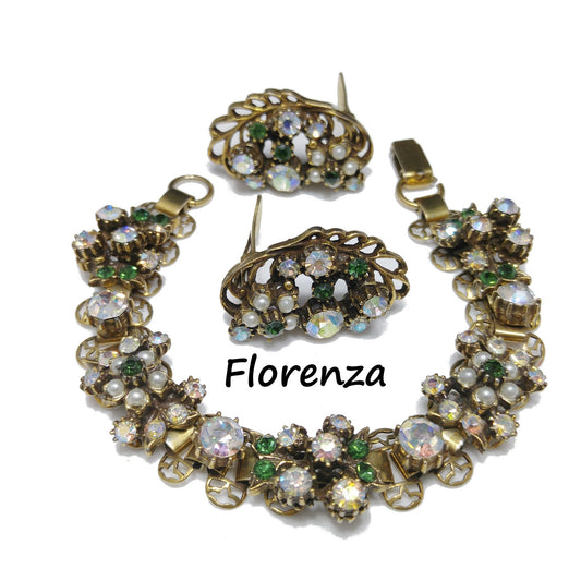 Florenza Rhinestone Bracelet & Earrings, Book Piece, Faux Pearls, 1960s Vintage Jewelry