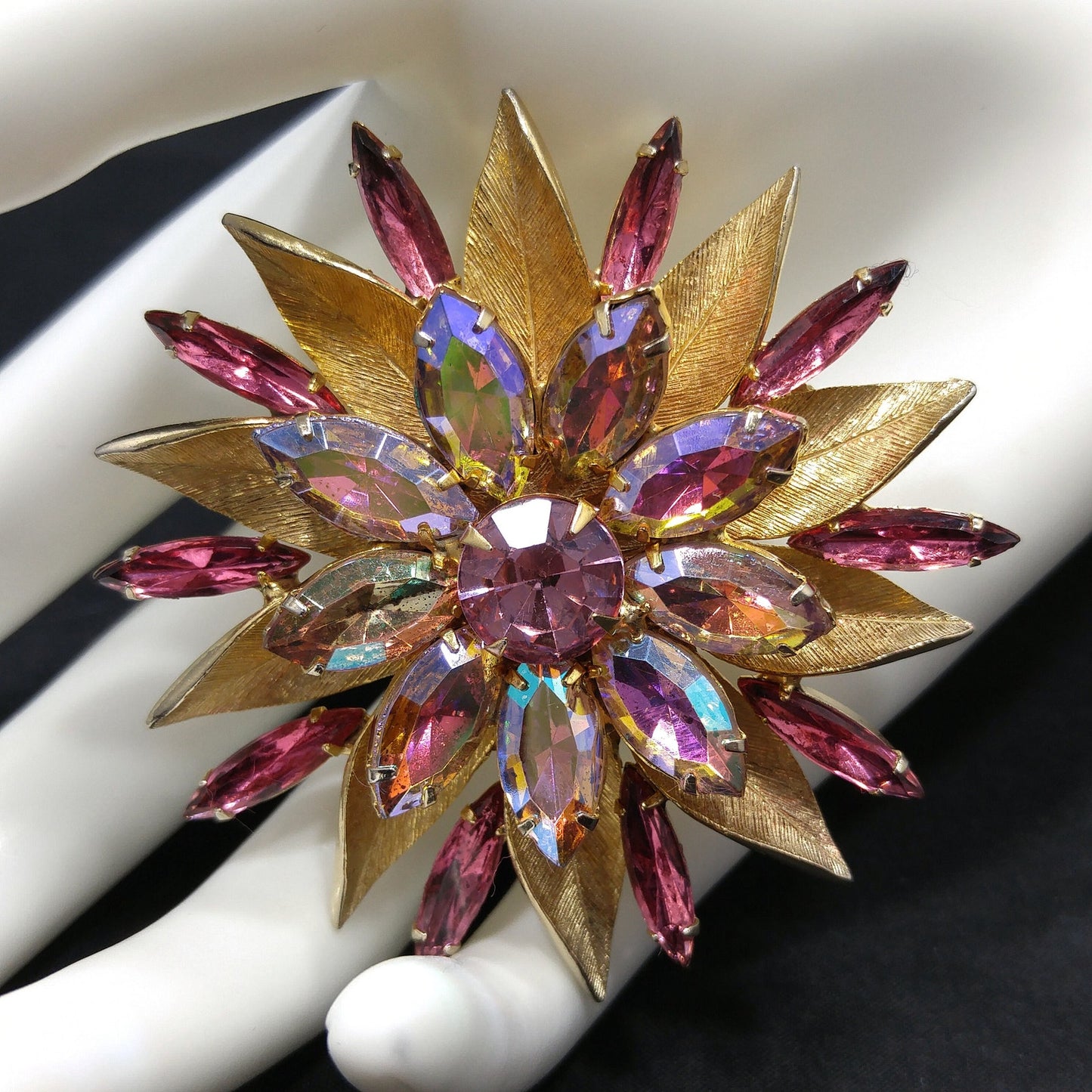 Pink Aurora Borealis Flower Brooch, Gold Plated, Light Dark Pink Rhinestones, 1960s Vintage Jewelry