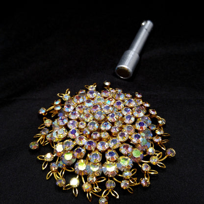 Large Clear Aurora Borealis Brooch, Gold Plated, 1950s Vintage Jewelry