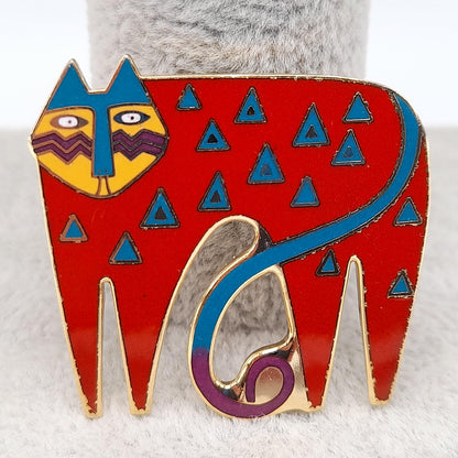 Laurel Burch "Miyo" Red Cat Brooch, Cloisonne Enamel, Gold Plated, 1980s Vintage Jewelry