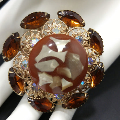 Judy Lee Lucite Flower Brooch, Aurora Borealis Rhinestones, 1960s Vintage Jewelry