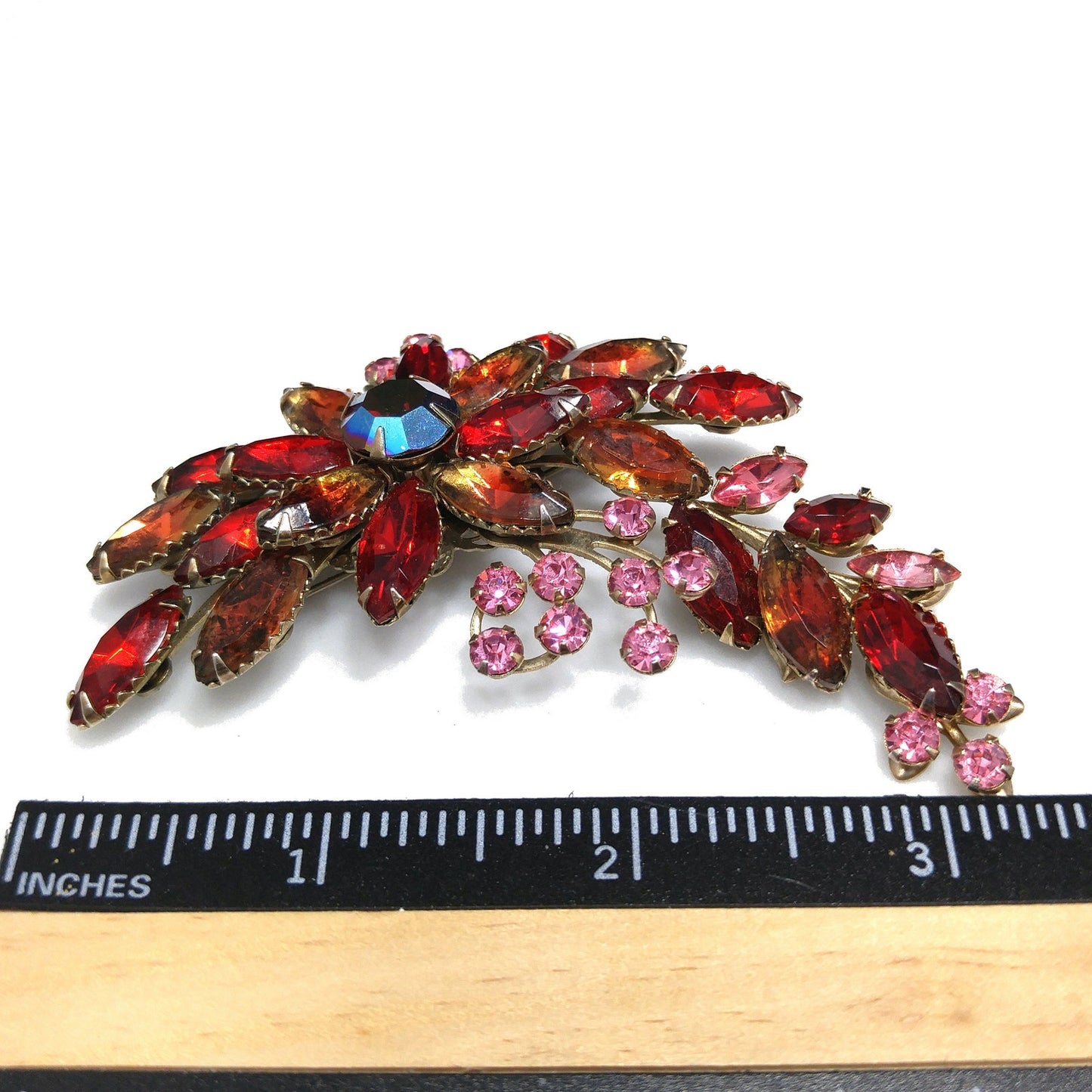 Red Rhinestone Floral Spray Brooch, Gold Plated, 1950s Vintage Jewelry