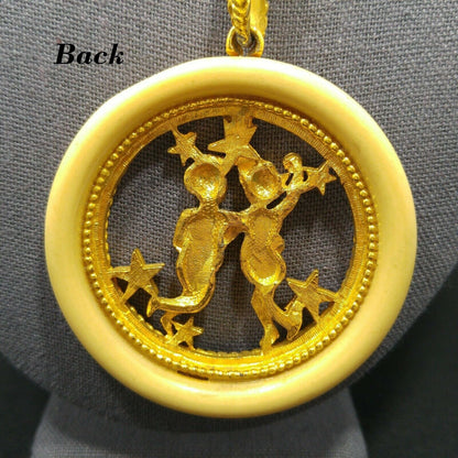 Vintage Zodiac Gemini Enamel Lucite Pendant Necklace, Original Tag, 1960s Vintage Jewelry