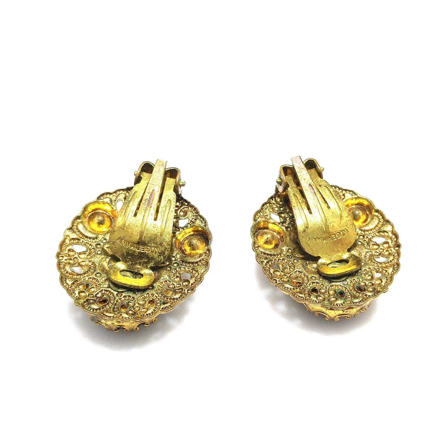 West Germany Gray Green Clip Earrings, Clear Glass & Faux Pearls, 1950s Vintage Jewelry