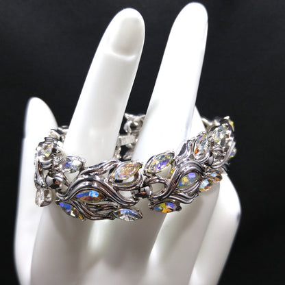 Crown Trifari Wedding Rhinestone Bracelet, Rhodium Plated, Aurora Borealis, 1960s Vintage Jewelry
