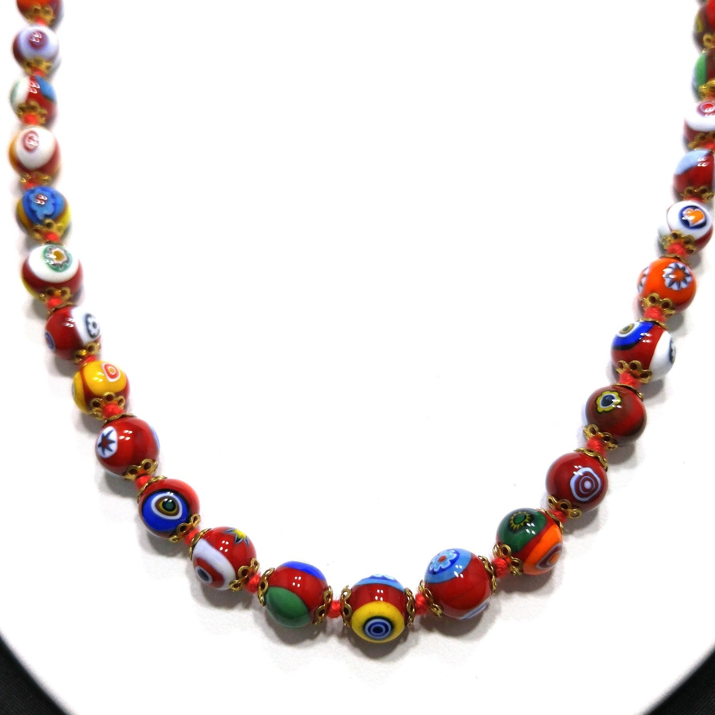 Murano Millefiori Beaded Necklace Bracelet Set, Hand Blown Glass, Hand Knotted in Red, 1950s Vintage Jewelry