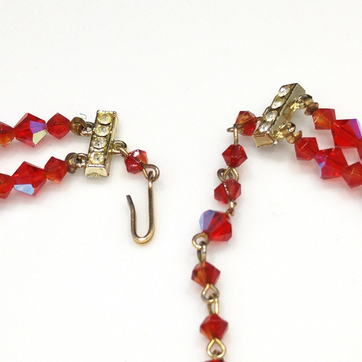 Red Aurora Borealis Crystal Beaded Necklace, Two Strands, 1950s Vintage Jewelry