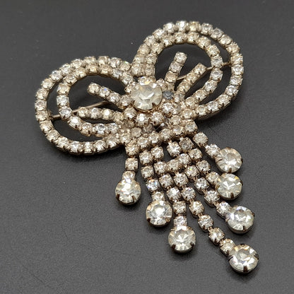 Vintage Clear Rhinestone Bow Brooch, Silver Tone Dangle Design, Midcentury Sparkle, 2 3/4 Inches