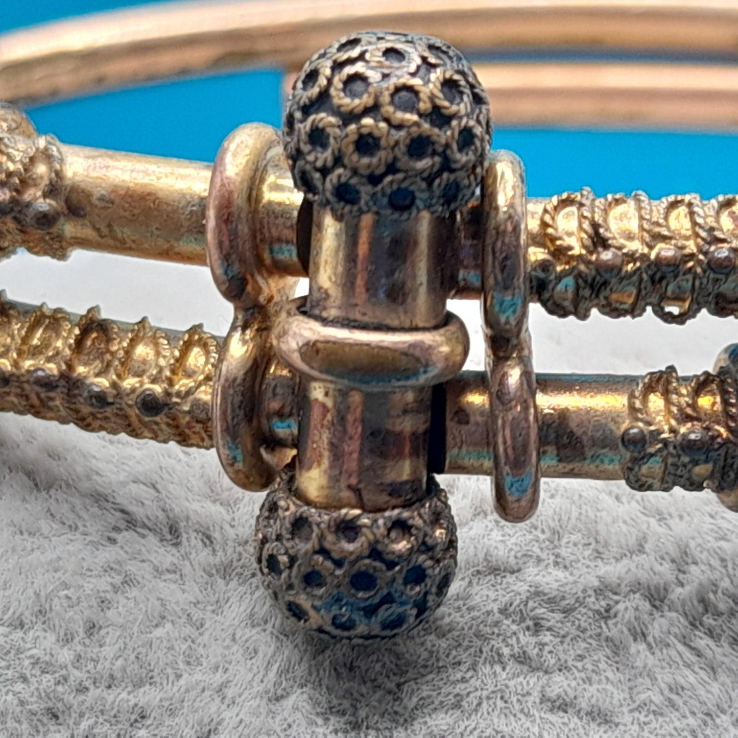 Antique Snake Cuff Bracelet, Gold Filled, Filigree Balls, Turquoise Bead Eyes, Victorian 1800s Jewelry