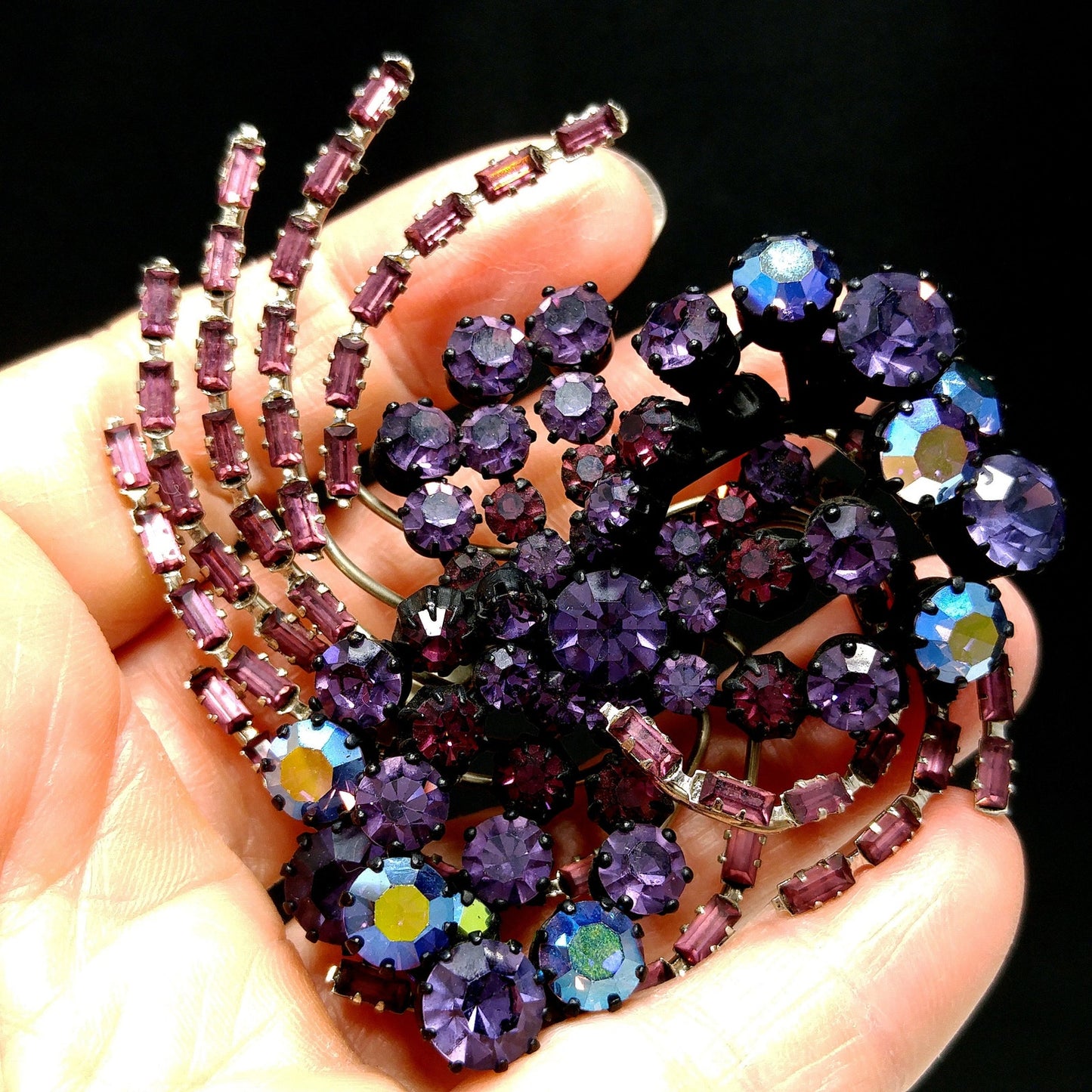 Purple Rhinestone Japanned Made in Austria Brooch, Aurora Borealis, 1960s Vintage