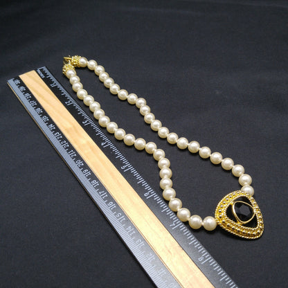 Swarovski Faux Pearl Necklace with Black Crystal Pendant, Gold Plated, 1990s Vintage