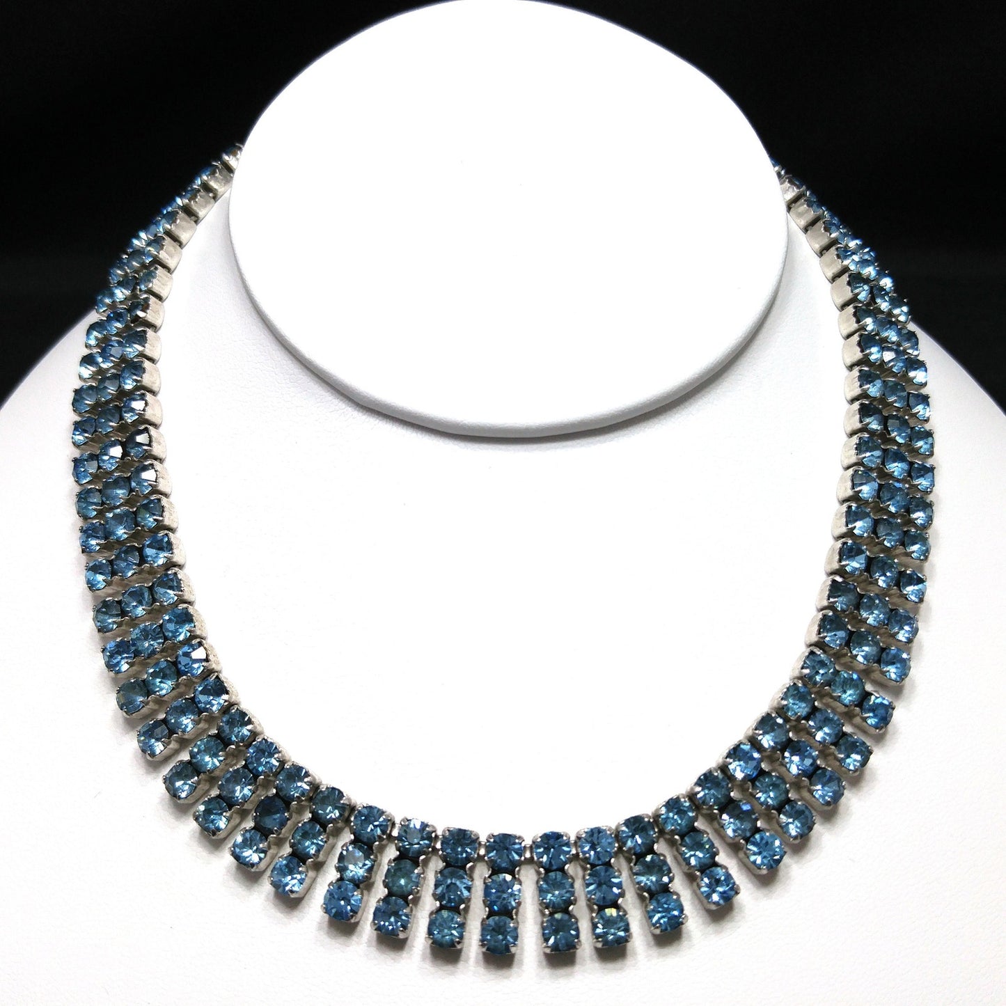 Kramer Blue Rhinestone Necklace, Rhodium Plated, 1960s Vintage Jewelry