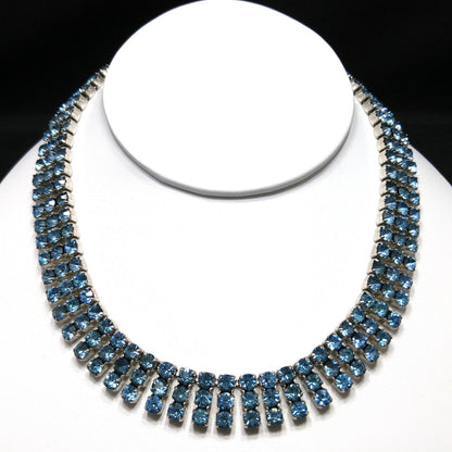 Kramer Blue Rhinestone Necklace, Rhodium Plated, 1960s Vintage Jewelry
