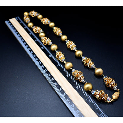 Vendome 1950s Gold Satin & Crystal Cage Bead Necklace | Aurora Borealis & Rhinestone Statement Strand | Vintage Designer Jewelry