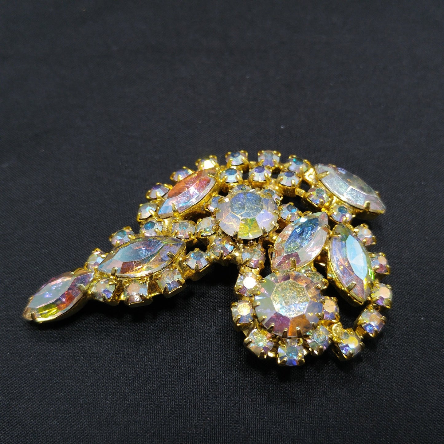 Aurora Borealis Rhinestone Brooch, Gold Plated, AB Clear Rhinestones, 1960s Vintage Jewelry