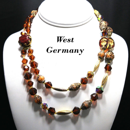 Western Germany Art Bead Floral Necklace, Two Strands, Button Box Clasp, 1950s Vintage Jewelry