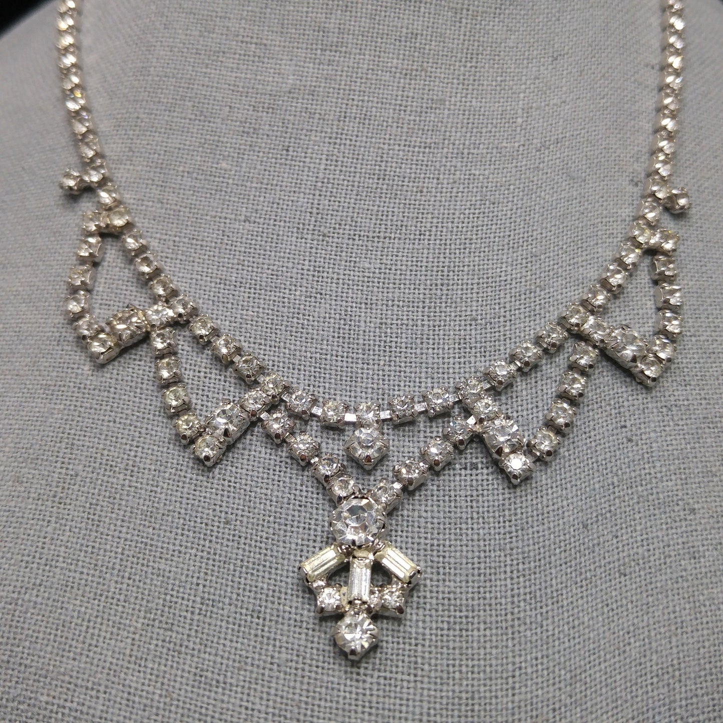 Vintage 1960s Clear Rhinestone Choker Necklace | Mid-Century Bridal Jewelry, Rhodium Plated, Baguette & Chaton Cuts