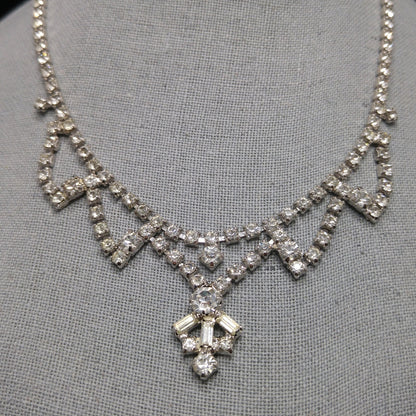 Vintage 1960s Clear Rhinestone Choker Necklace | Mid-Century Bridal Jewelry, Rhodium Plated, Baguette & Chaton Cuts