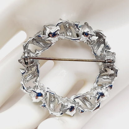 Vintage Emerald Green Wreath Brooch, Rhodium Plated 1.5 Inch Holiday Pin