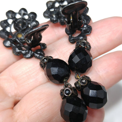 Vintage 1950s Japanned Black Crystal Rhinestone Drop Earrings