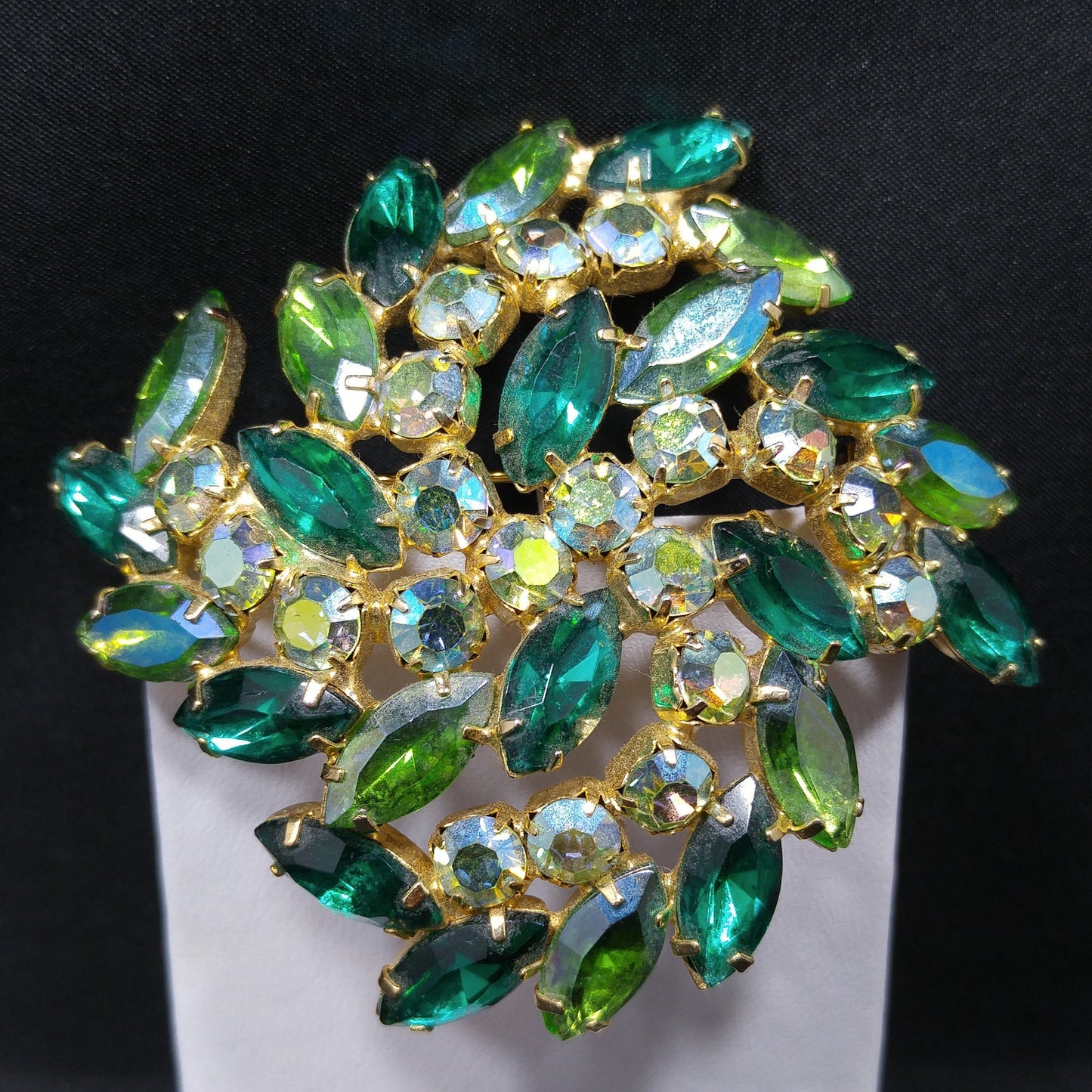 Green Aurora Borealis Rhinestone Brooch, Gold Plated, 1960s Vintage Jewelry