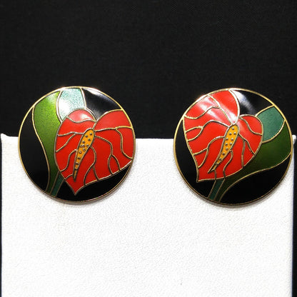 Vintage Laurel Burch Red "Antherium" Post Earrings, Gold Plated