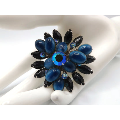 Blue Floral Mid-Century Brooch, Riveted Construction, 1950s Vintage Jewelry