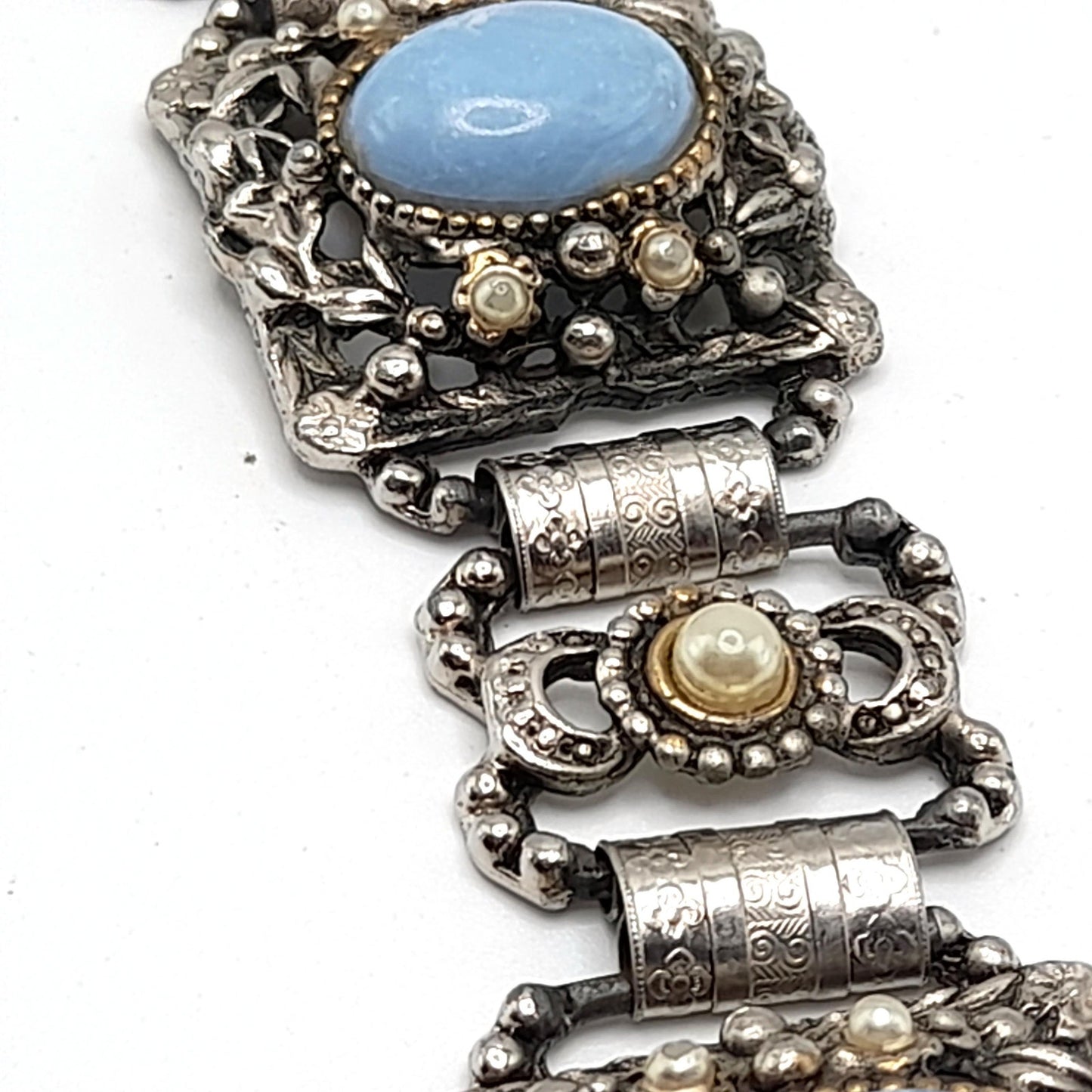 Vintage Blue Lucite Book Chain Bracelet, Faux Pearls, Silver Tone, 1950s, 7 3/4"