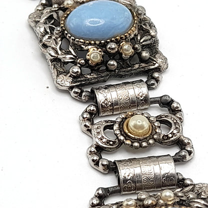 Vintage Blue Lucite Book Chain Bracelet, Faux Pearls, Silver Tone, 1950s, 7 3/4"