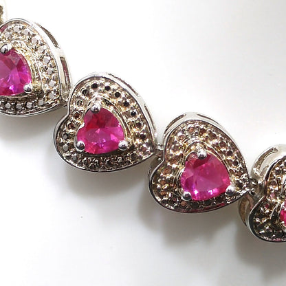 Vintage 925 Silver Ruby Heart Tennis Bracelet Pink Gemstone 7.25” Valentine Gift