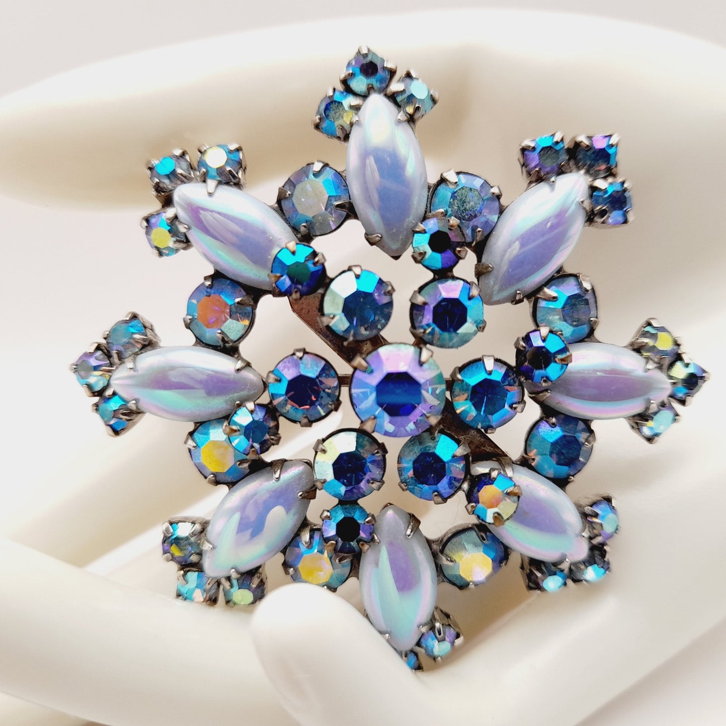 Vintage Blue Aurora Borealis Snowflake Brooch Pin