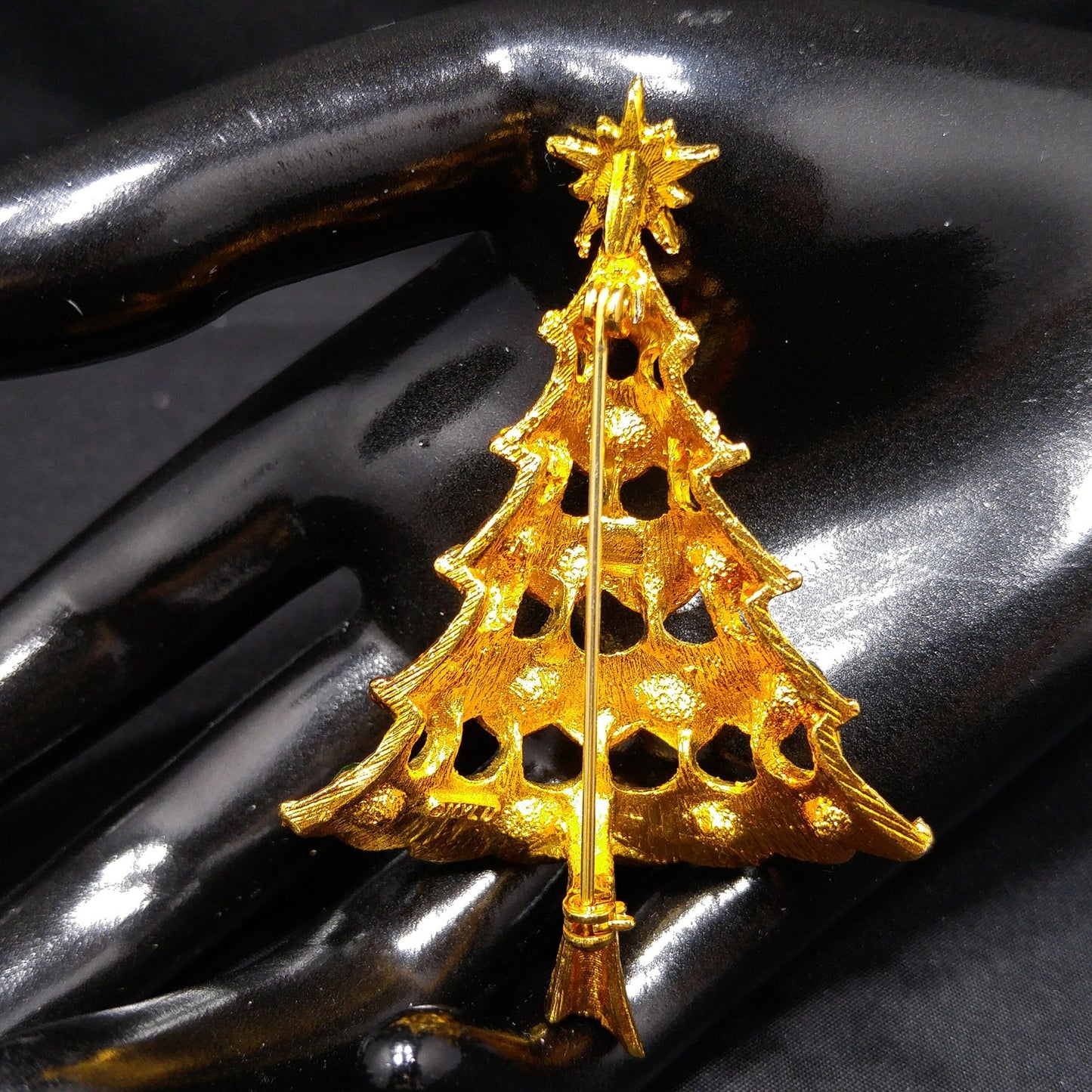Mylu Christmas Tree Brooch, Red Green Rhinestones, Gold Tone, 1960s Vintage