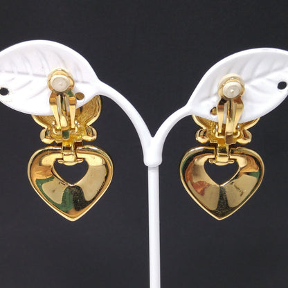 Swarovski Swan Logo Gold Plated Heart Drop Clip Earrings Clear Pave Crystals 90s