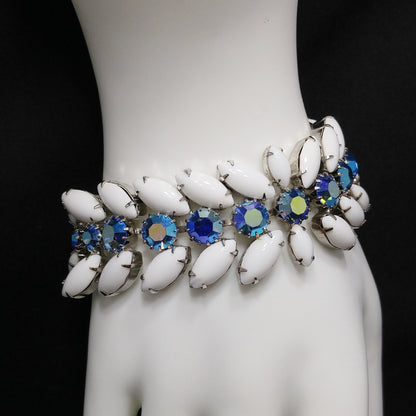 Vintage Weiss Blue AB Rhinestone Bracelet, White Milk Glass Cabochons, Rhodium Plated