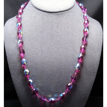 Vendome Hot Pink Crystal Necklace & Clip Earrings Set 1960s AB Teardrop Beads