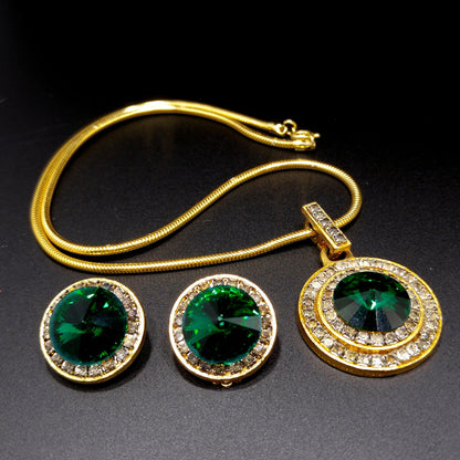 Vintage Green Rivoli Necklace & Earrings, Pave Clear Rhinestones, 1970s Vintage Jewelry