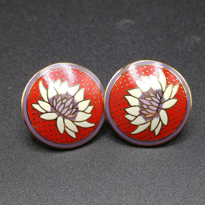 Vintage Laurel Burch "Tibetan Lily" Post Earrings, Red White Purple Enamel