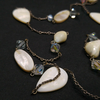 Liz Palacios S.F. White Shell & Crystal Long Necklace, 42 Inch Layering Necklace, Vintage Jewelry