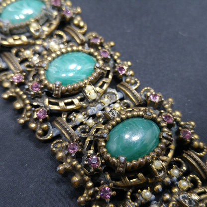 Victorian Style Faux Jade Wide Bracelet, Unsigned Joseff of Hollywood, 1940s Vintage Jewelry