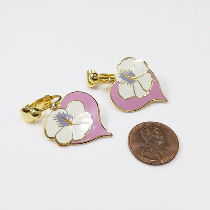 Vintage Laurel Burch "Hibiscus Heart" Clip Earrings, Cloisonne Gold Plated, 1980