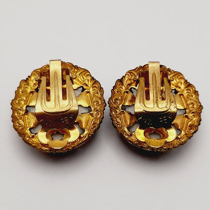 West Germany Vintage Brooch Earrings Twin Pins Set, Portrait Transfer Glass Gold Tone