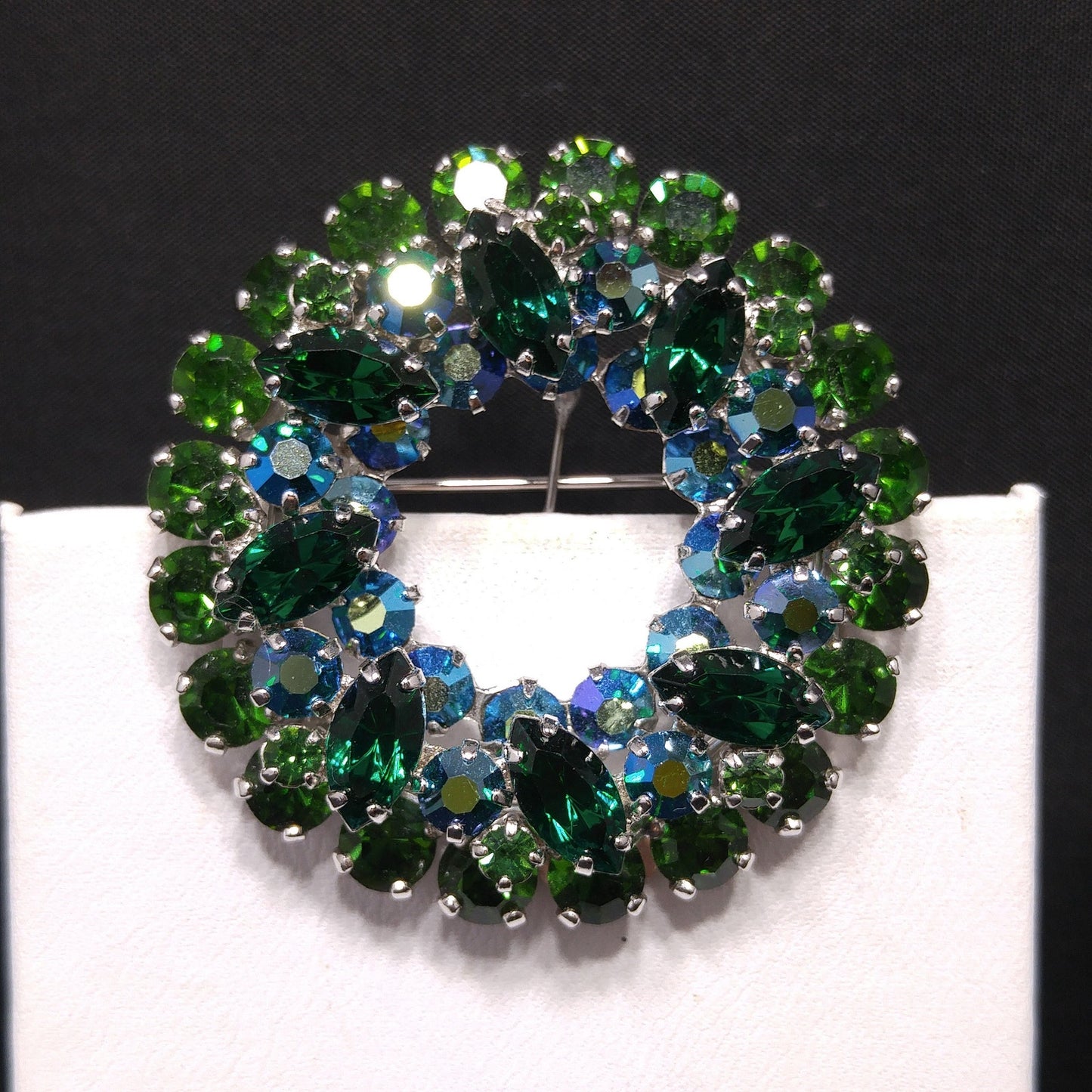 Sherman 1960s Emerald & Peacock Green Rhinestone Wreath Brooch | Aurora Borealis | Rhodium Plated Vintage Jewelry